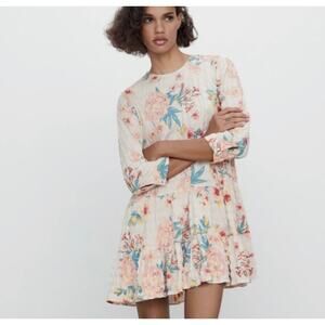 Zara Ivory Floral Smocked Mini Dress M